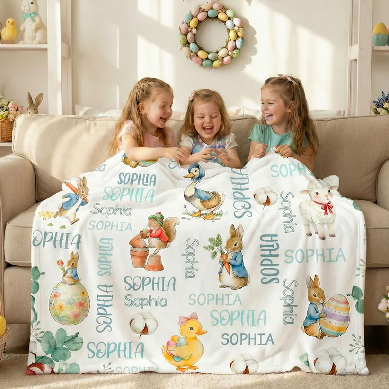 Personalized Cute Easter Bunny Duck Sheep Word Cloud Soft Throw Blanket with Name Home Decor Easter Gift for Boys Girls