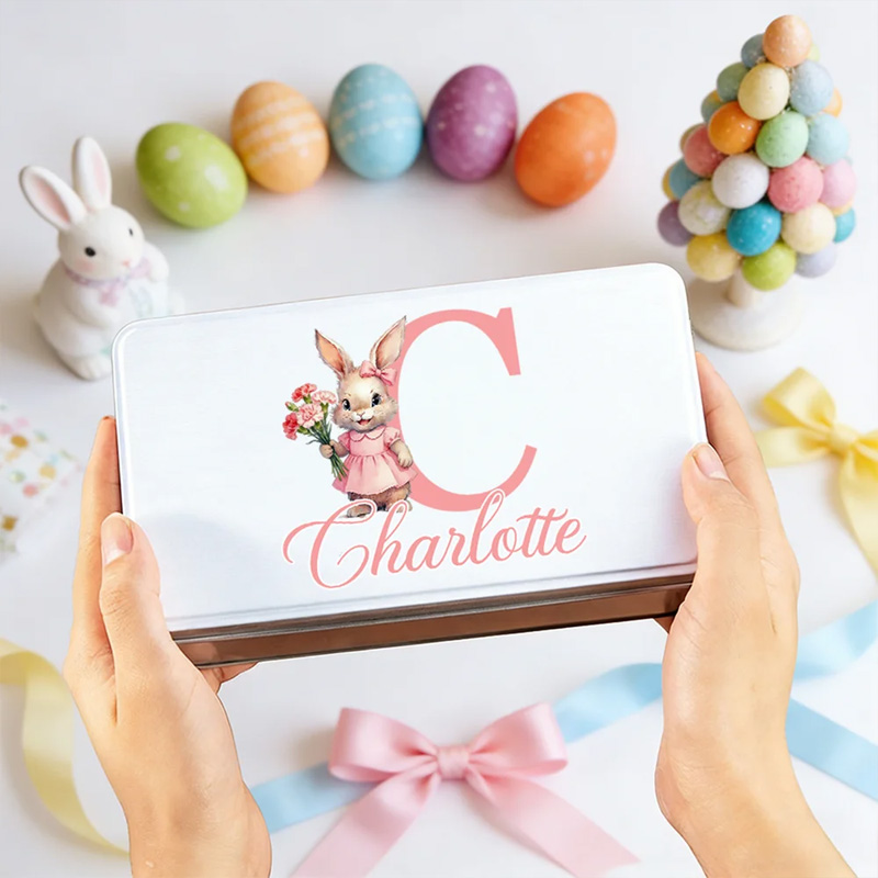 Personalized Birth Flower Cute Bunny Easter Biscuit Tin Box with Name and Initial Easter Party Easter Gift for Children