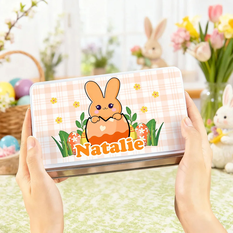 Personalized Cute Bunny Easter Egg Food Grade Metal Biscuit Tin Storage Box with Name Easter Party Gift for Kids