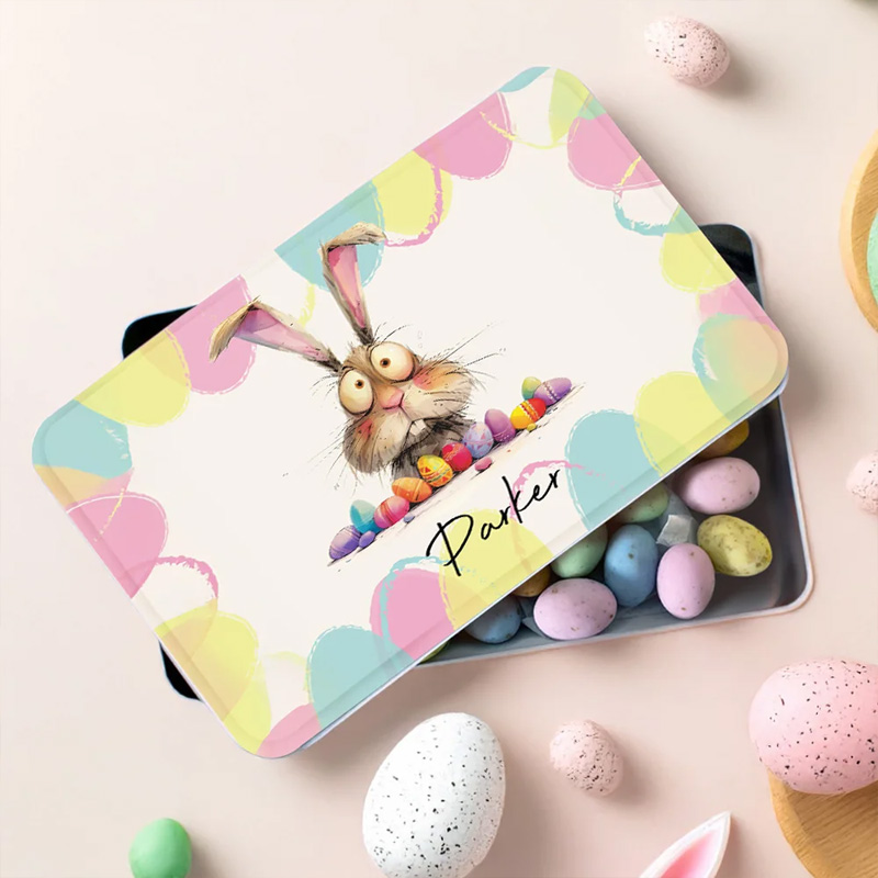 Personalized Quirky Easter Bunny Biscuit Tin Storage Box with Name Birthday Easter Party Gift for Kids
