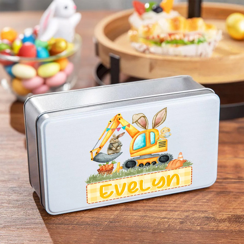 Personalized Bunny Easter Egg Excavator Food Grade Metal Biscuit Tin Storage Box with Name Easter Gift for Family Friends