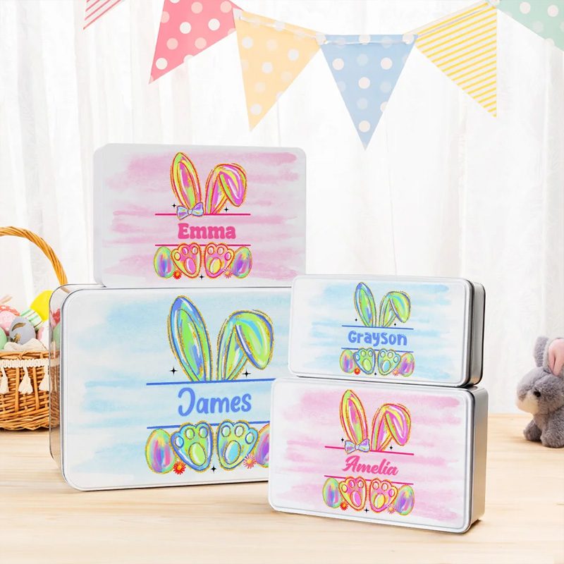 Personalized Colorful Easter Bunny Metal Biscuit Tin Storage Box with Name Easter Party Favor Gift for Kids