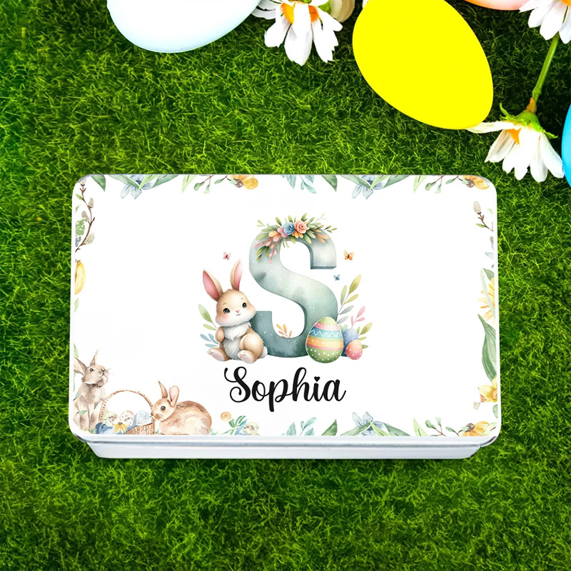 Personalized Watercolor Easter Bunny Egg Initial Food grade Candy Cookie Biscuit Storage Tin with Name Festival Party Favors Gift for Kids Family
