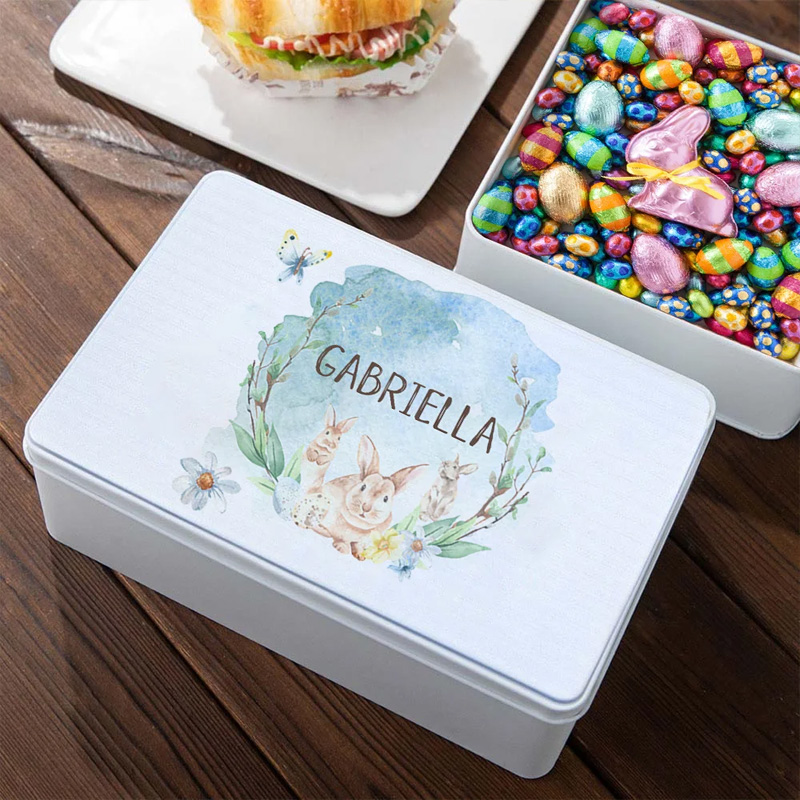 Personalized Watercolor Forest Bunny Food Grade Metal Biscuit Tin with Name Candy Container Easter Gift for Kids