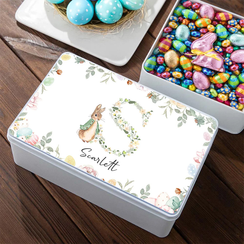 Personalized Cute Peter Rabbit Floral Initial Easter Biscuit Tin Storage Box with Name Easter Party Birthday Gift for Kids