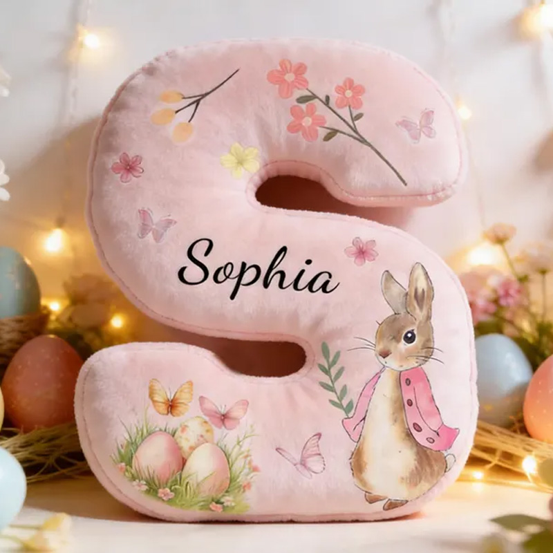 Personalized Easter Bunny Floral Alphabet Custom Name Soft Cushion Spring Decor Gift for Kids Room Nursery Decoration Graphic 3D Print Pillow