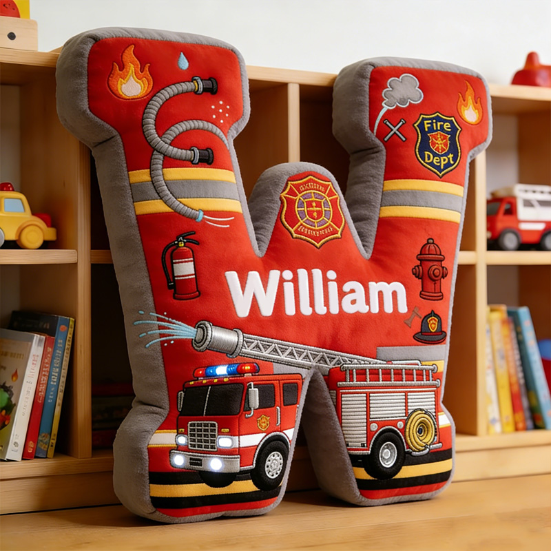 Personalized Fire Truck Alphabet Letter Custom Name Kids Room Decor Birthday Gift Soft Cushion Nursery Decoration Graphic 3D Print Pillow
