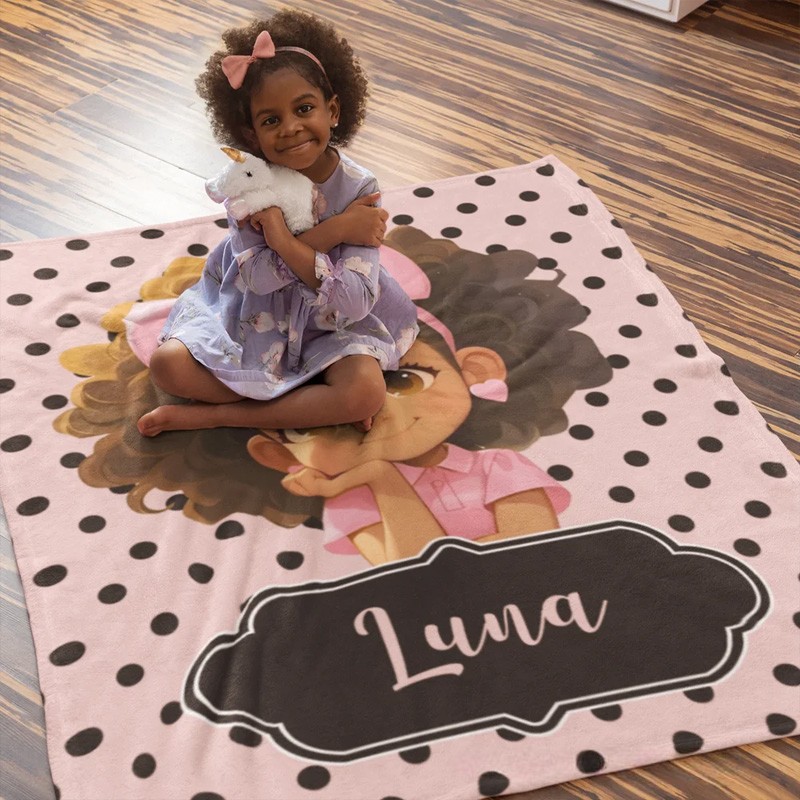 Personalized Polka Dots Cute Cartoon Little Girl Soft Throw Blanket with Name Home Decor Birthday Christmas Gift for African American Girl