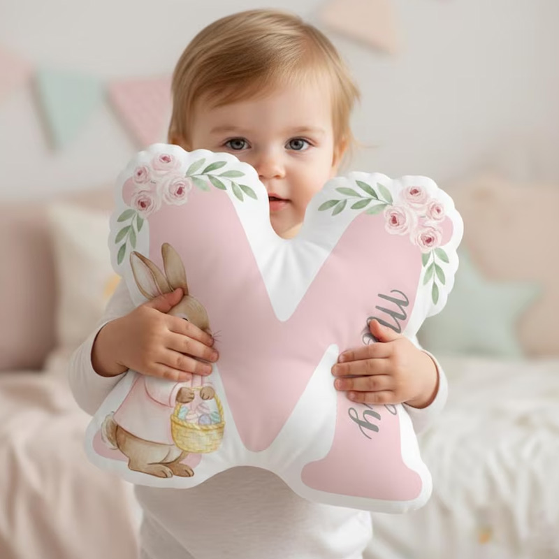 Personalized Pink Bunny Initial Letter Floral Easter Basket Custom Name Kids Room Decor Nursery Gift Graphic 3D Print Pillow