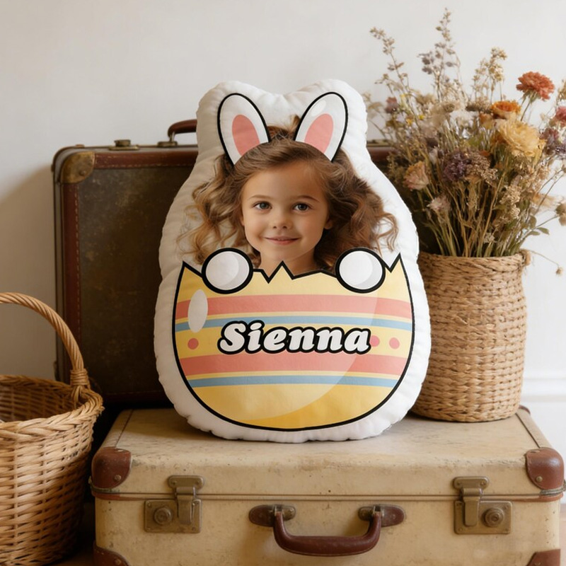 Personalized Easter Bunny Egg Photo Name Custom Kids Gift Cute Colorful Spring Decor Nursery Bedroom Accent Graphic 3D Print Pillow