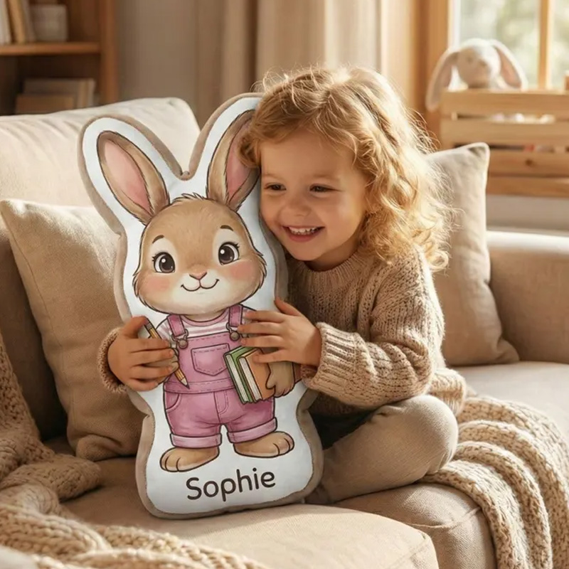 Personalized Bunny Boy and Girl Easter Gift Custom Name Kids Room Decor Cute Rabbit Plush Toy Nursery Baby Shower Present Graphic 3D Print Pillow