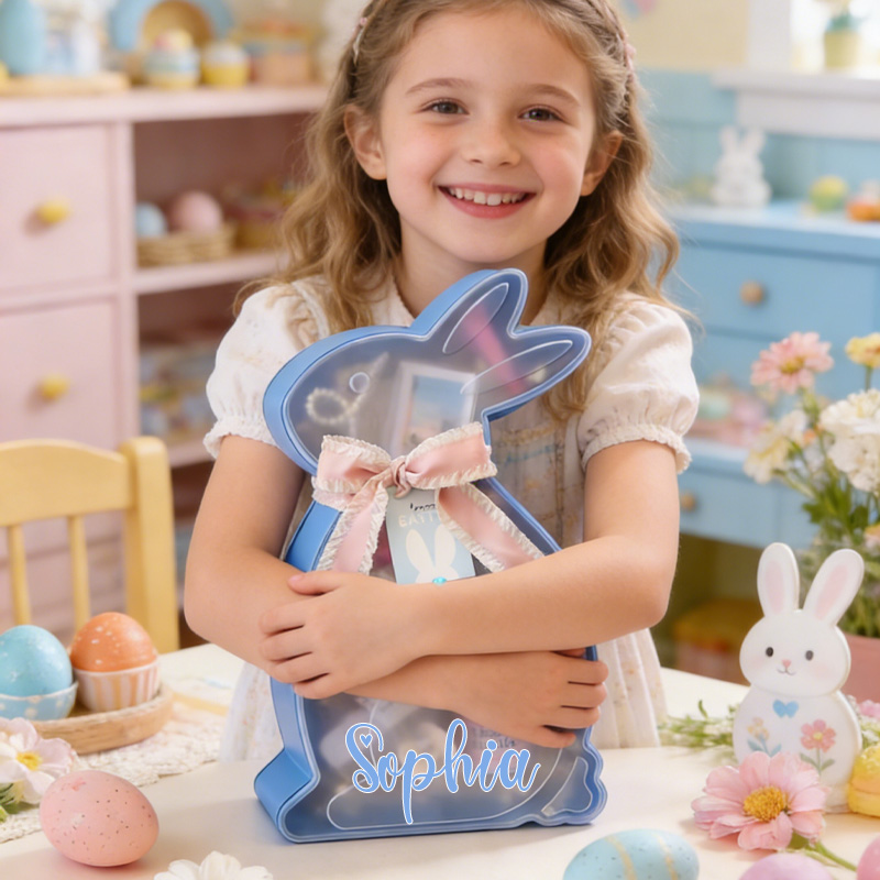 Personalized Blue Bunny Easter Gift Basket Custom Name Kids Candy Holder Cute Spring Egg Hunt Party Favor Candy Box