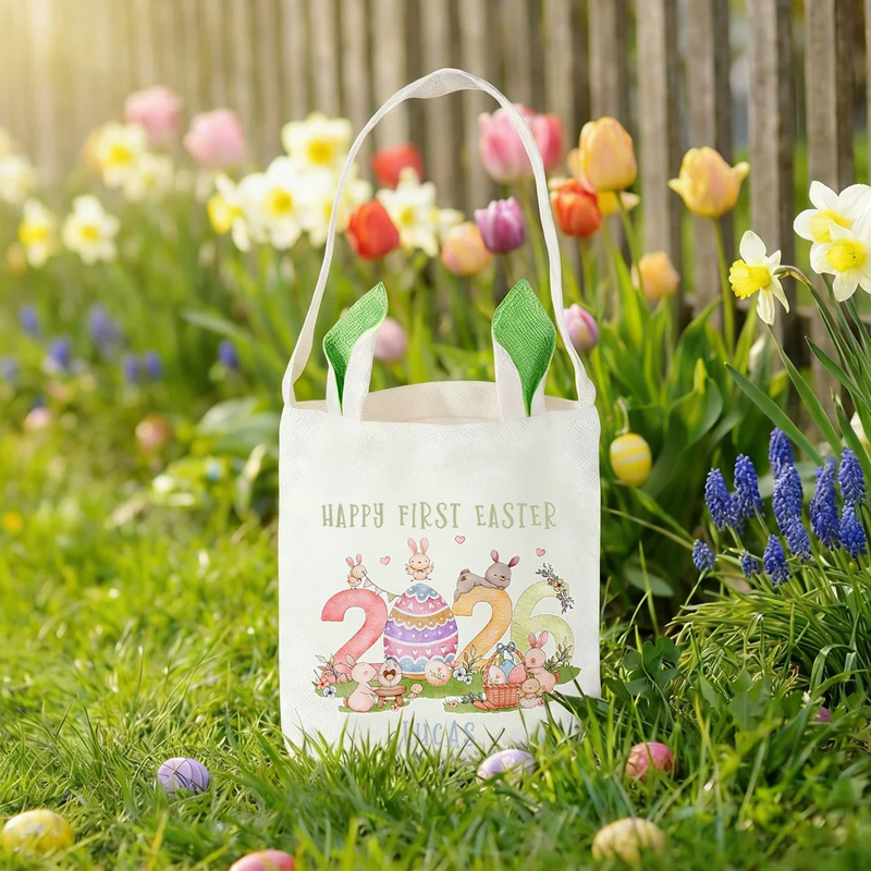 Personalised Happy First Easter Cute Bunny Ears Basket with Name Egg Hunting Party Easter Gift for Boys Girls