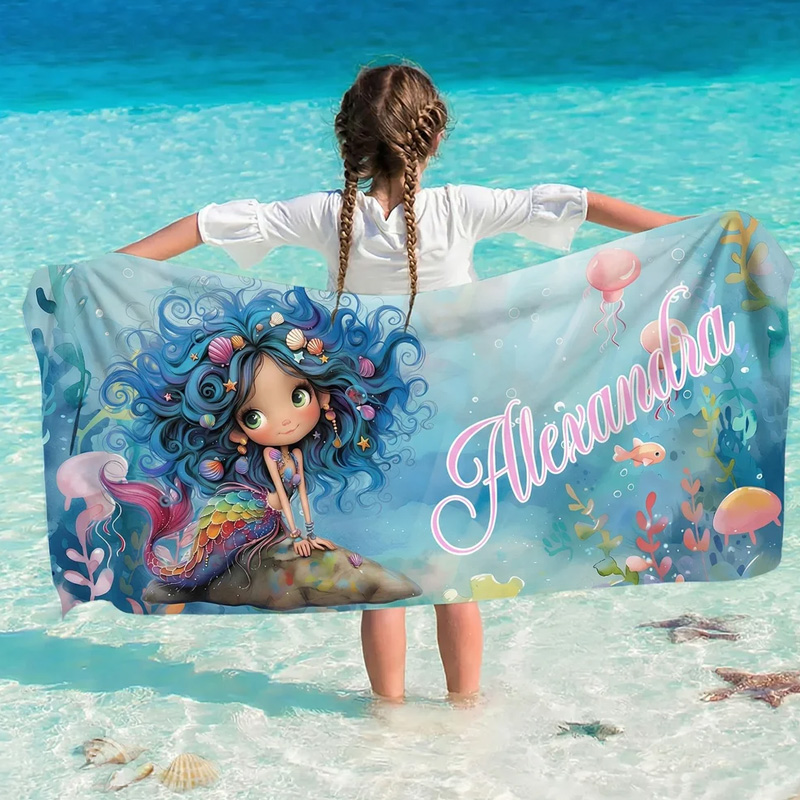 Personalized Cartoon Mermaid Quick Dry Beach Towel with Name Travel Essentials Beach Party Birthday Gift for Girls Ocean Theme Enthusiasts