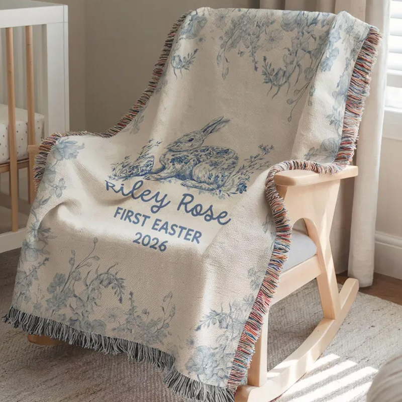 Personalized Baby Name Birth Stats Blue Floral Nursery Decor Custom Heirloom Keepsake Newborn Gift Soft Cotton Woven Blanket