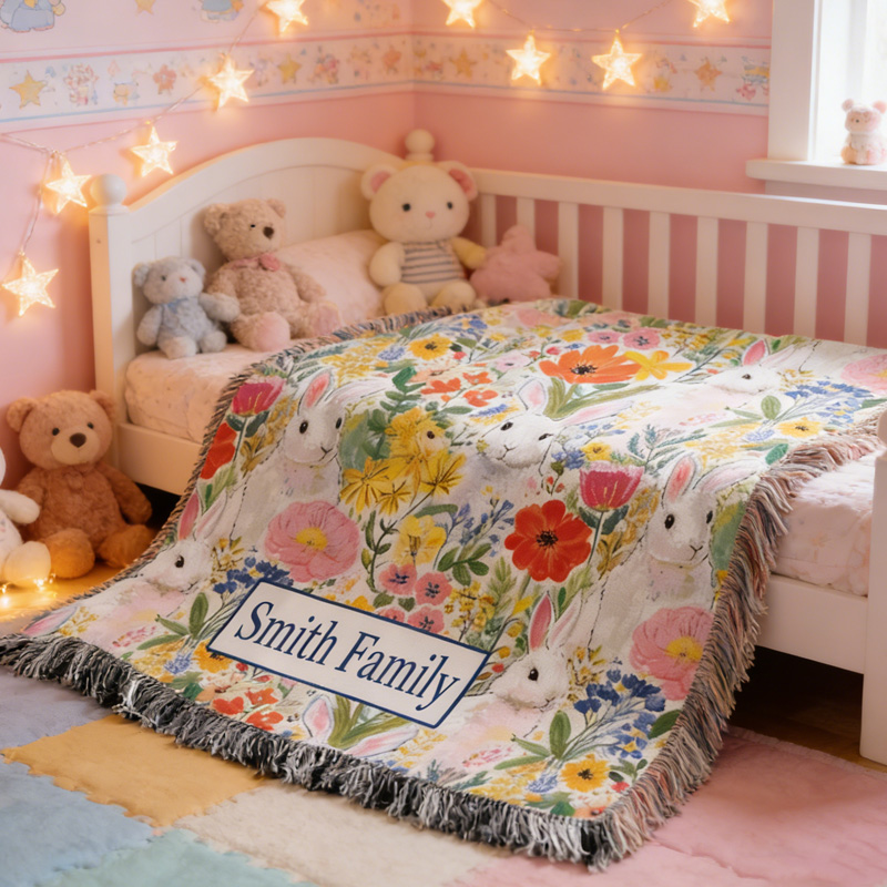 Personalized Colorful Floral Family Name Custom Home Decor Cozy Living Room Accent Soft Cotton Spring Gift Tassel Blanket