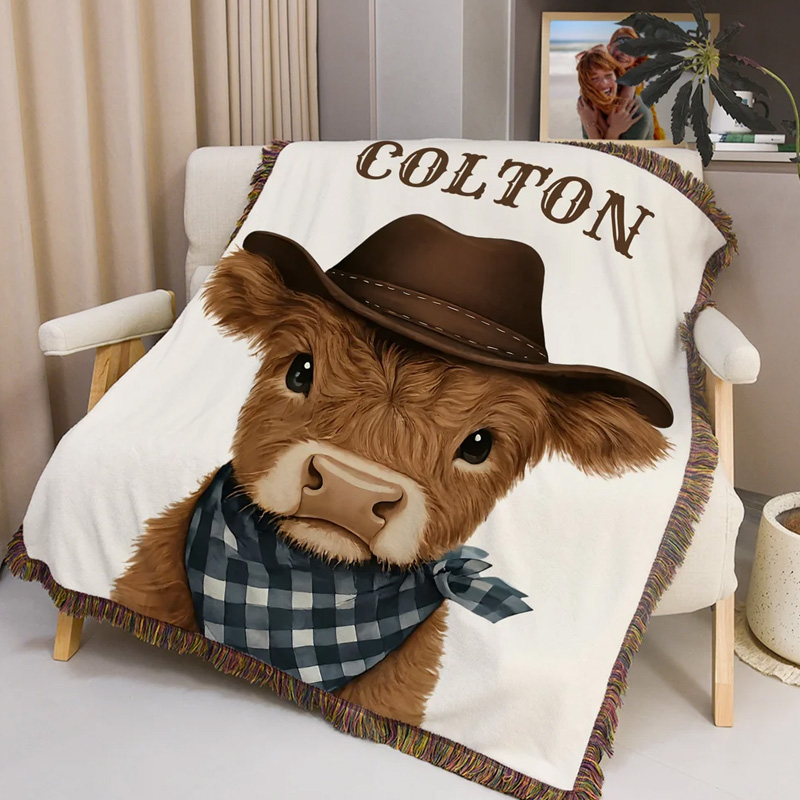 Personalized Rustic Fringed Western Cowboy Highland Cow Soft 100% Cotton Baby Blanket with Name Nursery Decor Baby Shower Gift for New Baby Kids
