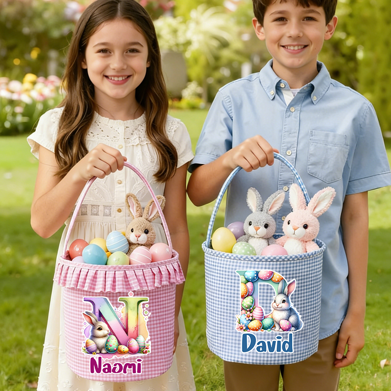 Personalized Easter Bunny Alphabet Letters Plaid Easter Basket with Name and Initial Easter Eggs Hunting Easter Day Gift for Boys Girls