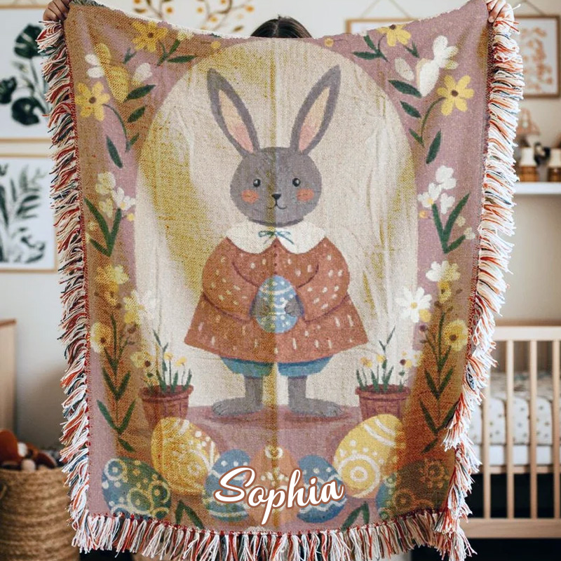 Personalized Cute Bunny Easter Spring Floral Kids Room Decor Custom Name Nursery Accent Cozy Gift Tassel Blanket