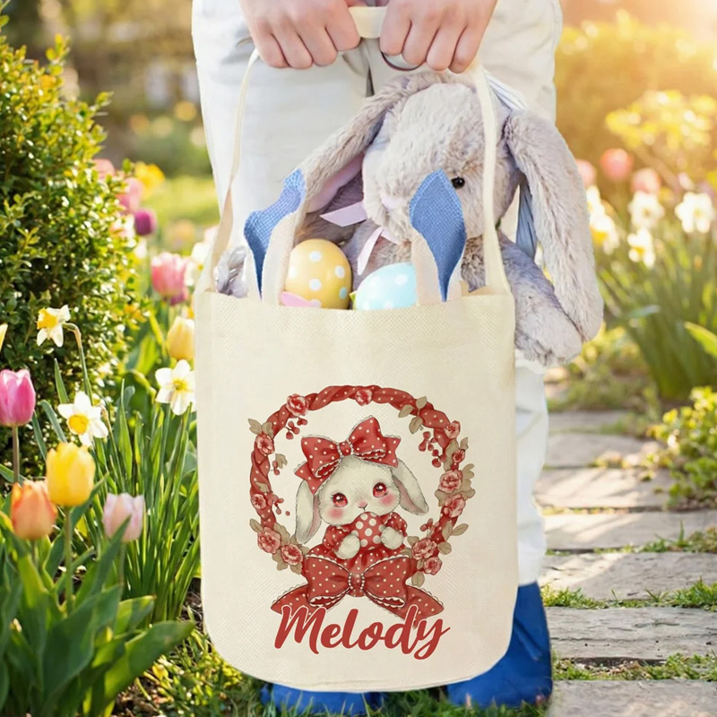 Personalized Polka Dot Bow Floral Bunny Easter Basket with Name and Bunny Ears Egg Hunting Accessory Easter Gift for Kids