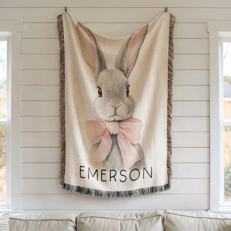 Personalized Cute Bunny Pink Bow Nursery Decor Custom Name Baby Shower Gift Soft Cozy Neutral Room Accent Tassel Blanket