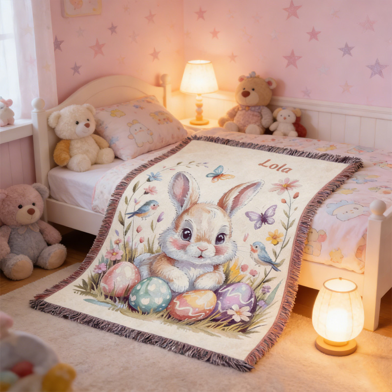 Personalized Easter Bunny Colorful Eggs Spring Butterfly Kids Room Decor Custom Name Soft Cozy Gift Tassel Blanket