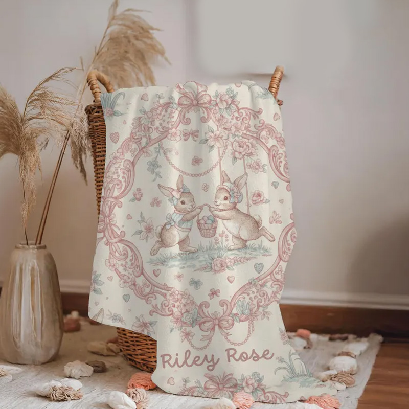 Personalized Pink Bunny Floral Wreath Nursery Decor Custom Name Baby Shower Gift Soft Elegant Newborn Keepsake Blanket