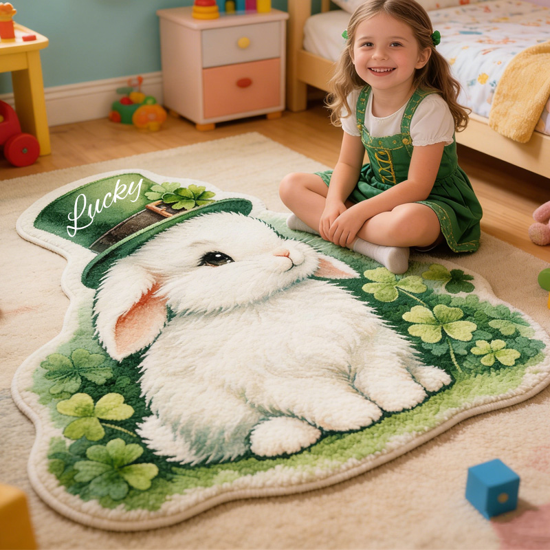 Personalized Lucky Clover White Bunny St Patricks Day Green Hat Custom Name Soft Cozy Playroom Decor Carpet Rug for Kids