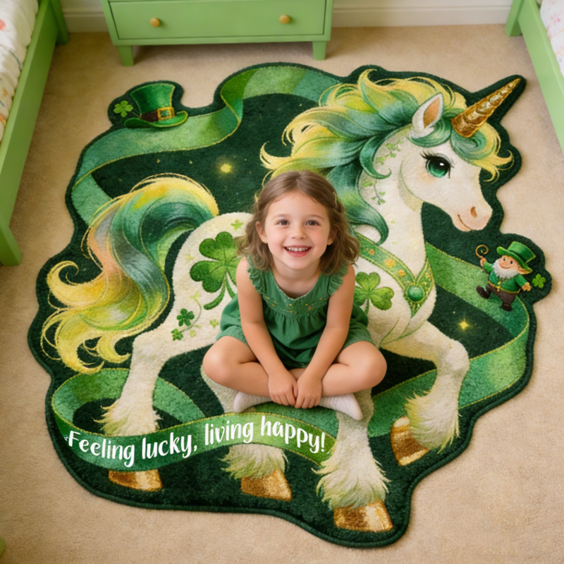Personalized Lucky Clover Green Dream Horse Rainbow Magic St Patricks Day Custom Name Soft Fantasy Playroom Decor Carpet Rug for Kids