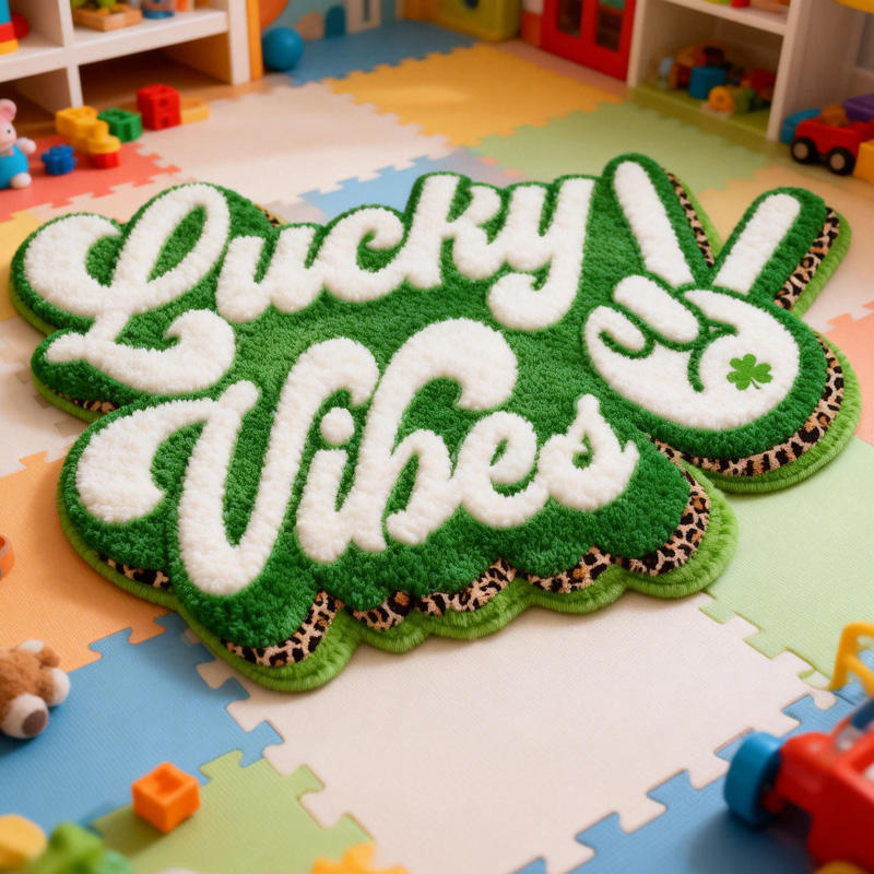 Personalized Lucky Vibes Green Peace Hand Clover St Patricks Day Positive Energy Custom Name Playroom Decor Carpet Rug for Kids