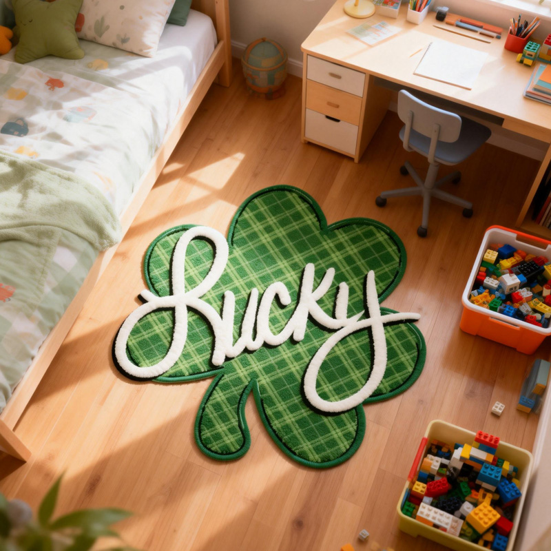 Personalized Lucky Green Plaid Shamrock Clover St Patricks Day Custom Name Soft Playroom Decor Carpet Rug for Kids