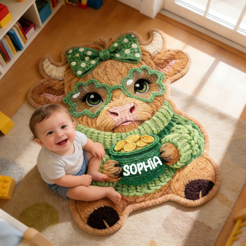 Personalized Cute Green Bow Highland Cow Holding Gold Pot St Patricks Day Custom Name Playroom Decor Carpet Rug for Kids