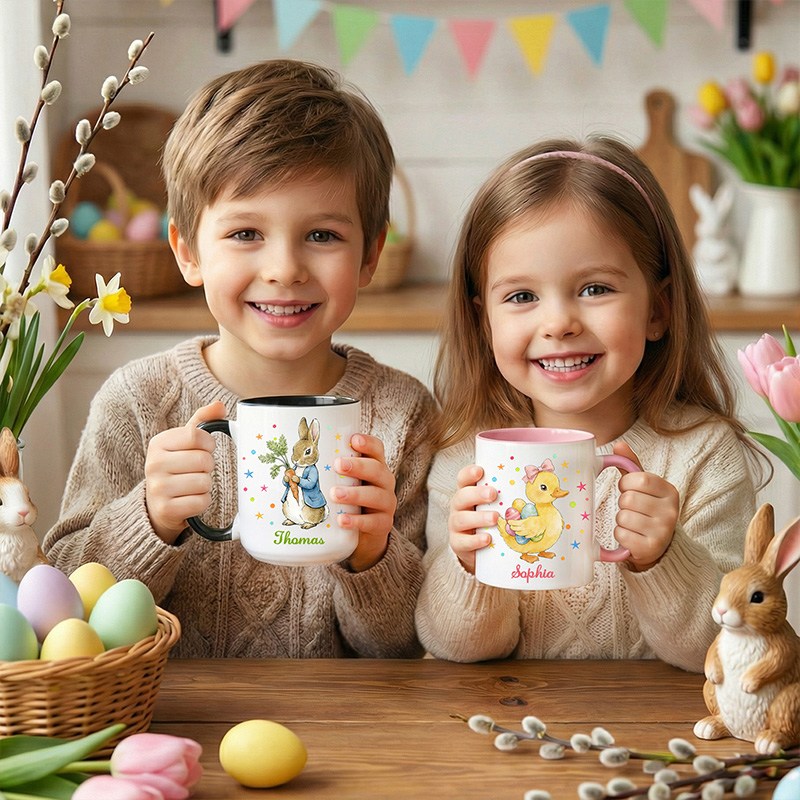 Personalized Cute Easter Bunny Holding Flowers and Eggs Spring Colorful Custom Name Family Gift Coffee Tea Mug