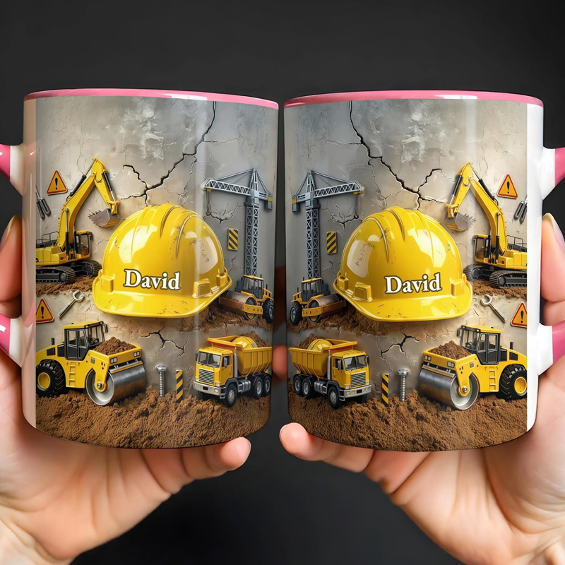 Personalized Construction Trucks Excavator Crane Hard Hat Builder Theme Custom Name Boys Birthday Gift Coffee Mug