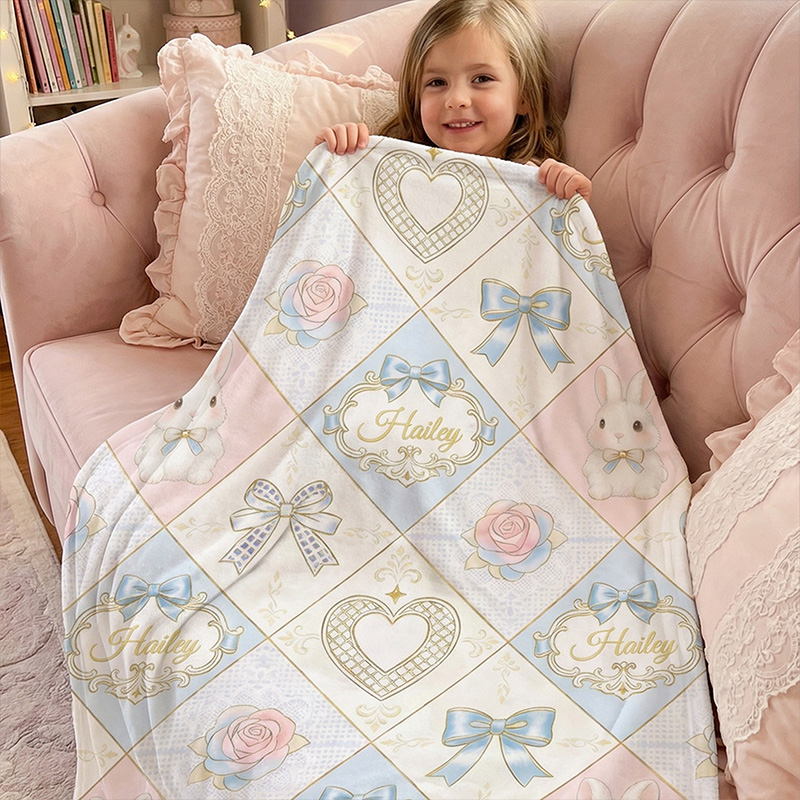 Personalized Cute Bunny Bow Heart Diamond Pattern pastel Blue Pink Baby Nursery Custom Name Soft Cozy Blanket