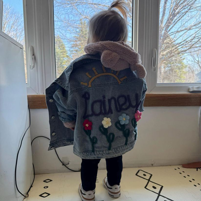 Personalized Sun and Flowers Embroidery Name Custom Cute Spring Garden Style Toddler Outfit Gift Kid Knitted Denim Jacket