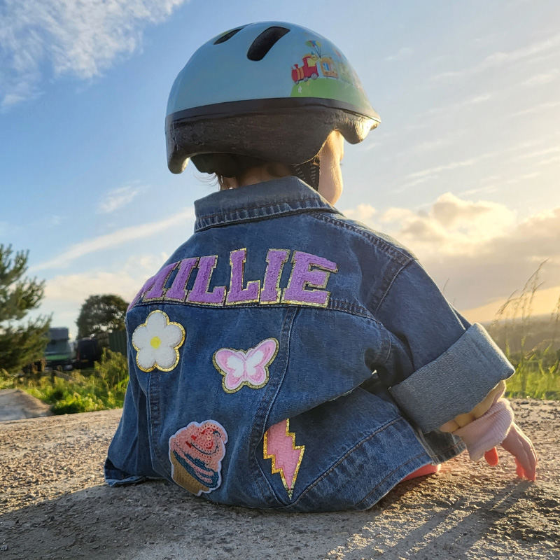 Personalized Rainbow Dream Horse Smiley Butterfly Lightning Patch Custom Name Colorful Fun Style Kid Denim Jacket
