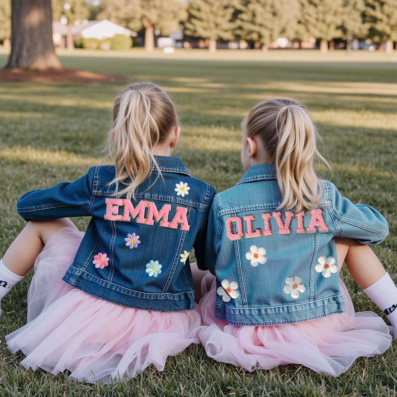 Personalized Pink Flower Custom Name Matching Sisters Outfit Spring Cute Style Kid Denim Jacket