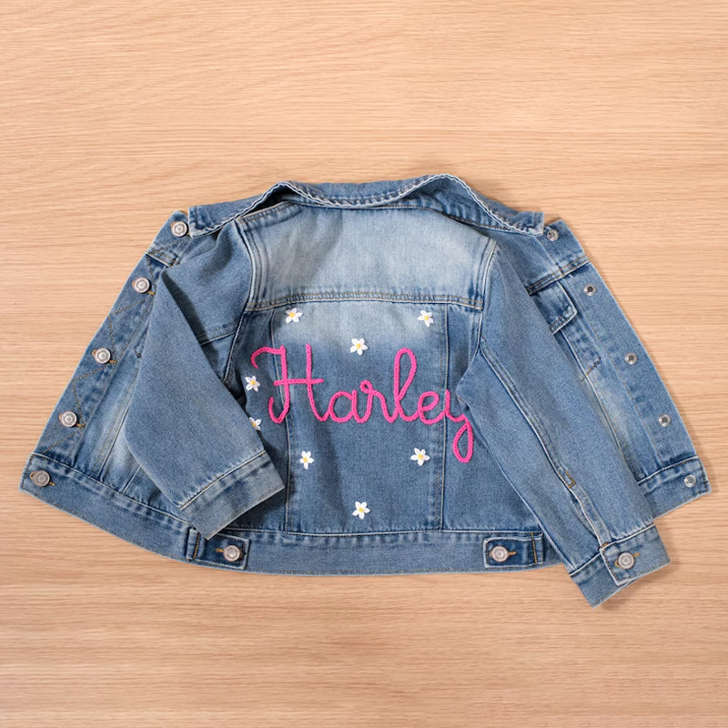 Personalized Star Embroidered Custom Name Glitter Sparkle Cute Playful Style Toddler Girl Outfit Gift Kid Denim Jacket