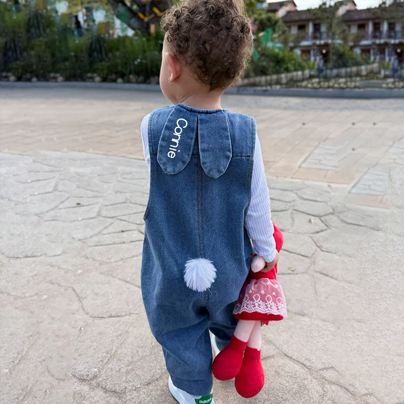 Personalized Custom Name Cute Tail Soft Playful Style Easter Outfit Adorable Toddler Gift Bunny Ears Denim Overalls