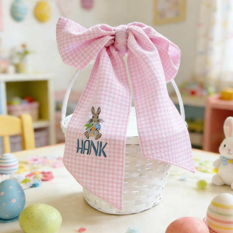 Personalized Embroidered Name Easter Basket Cover Custom Blue Seersucker Fabric with Bunny Design Bow