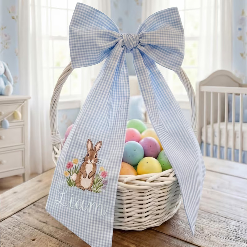 Personalized Embroidered Easter Basket Bow Custom Pink Seersucker Fabric with Bunny Design Decoration