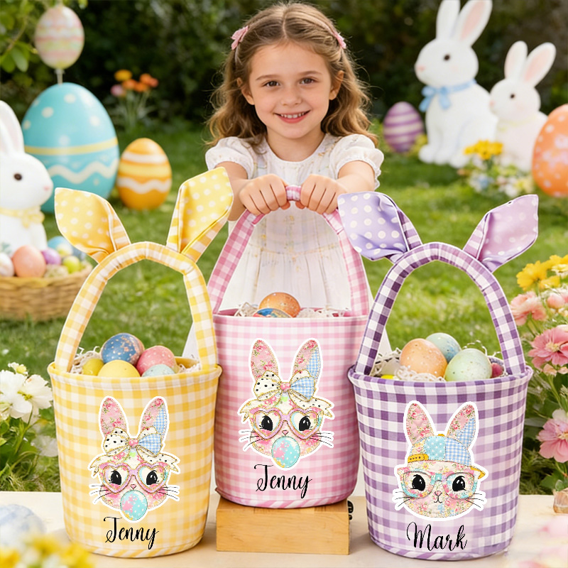 Personalized Easter Basket Custom Gingham Fabric with Bunny Face and Name for Kids