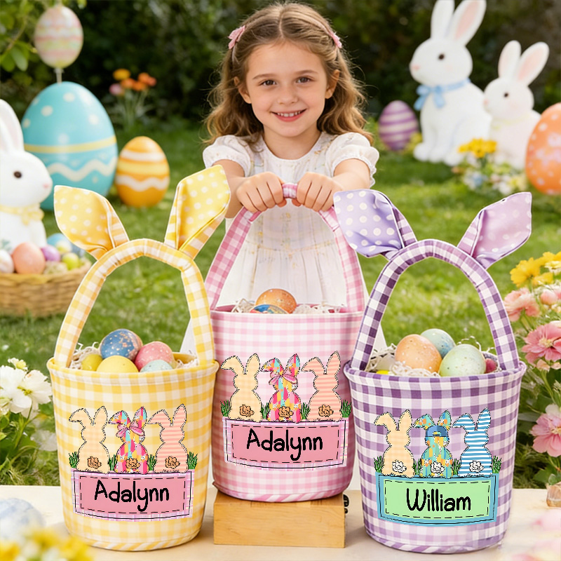 Personalized Easter Basket Custom Gingham Fabric with Bunny Ears and Name for Kids Egg Hunt