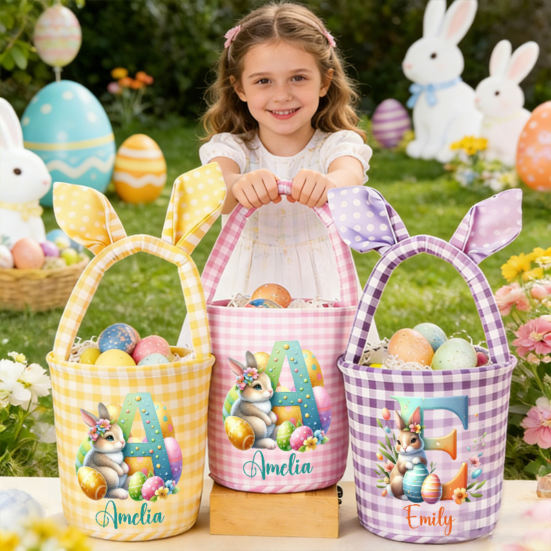 Personalized Easter Basket Custom Gingham Fabric with Bunny Ears and Cute Animal Design for Kids