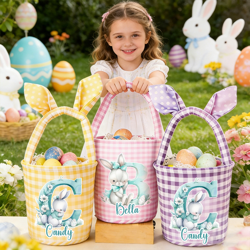 Personalized Adorable Bunny Ears Custom Name Gingham Fabric Kids Easter Egg Hunt Basket
