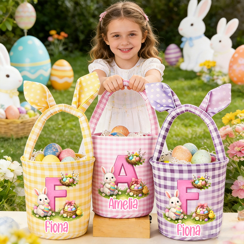 Personalized Adorable Bunny Ears Custom Name Initial Gingham Fabric Easter Basket