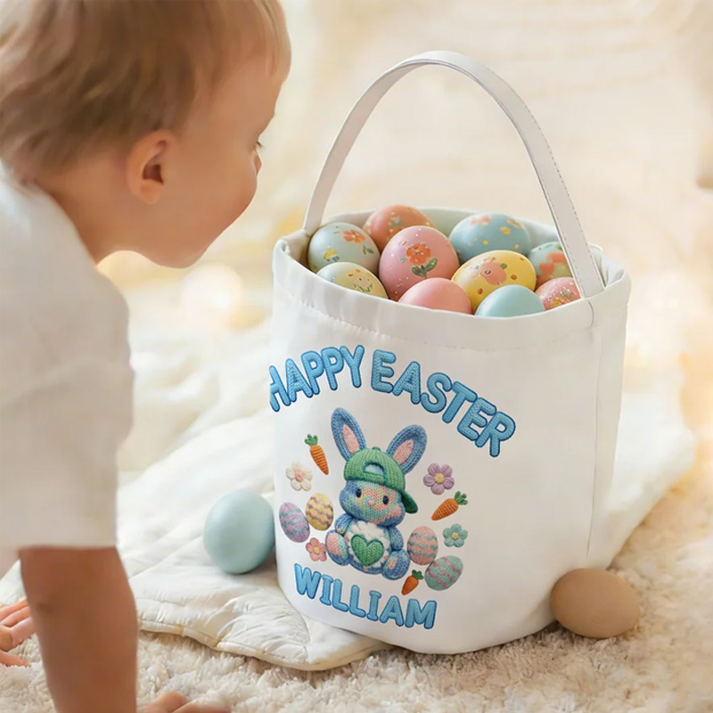 Personalized Happy Easter Faux Yarn Bunny Large Capacity Canvas Easter Basket with Name Easter Day Gift for Boys Girls