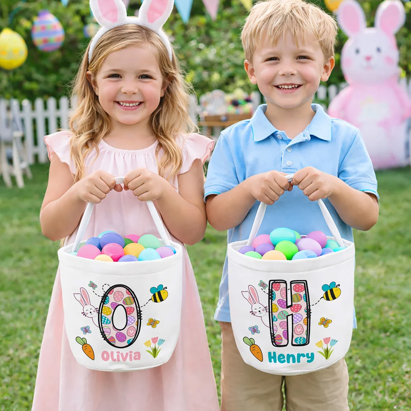Personalized Easter Bunny Initial Canvas Easter Basket with Name Egg Hunting Accessories Easter Gift for Kids