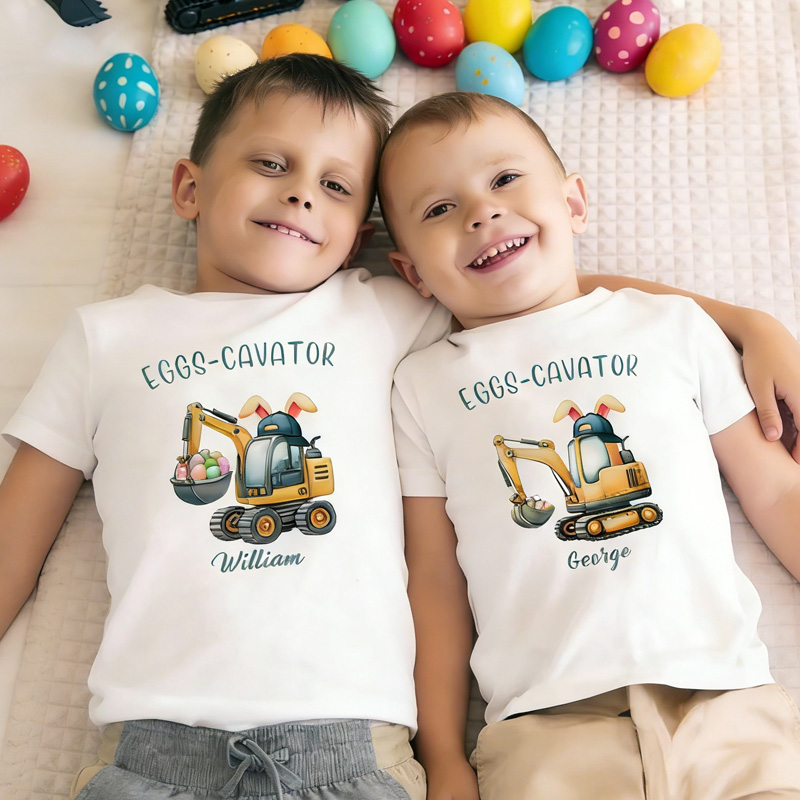 Personalized Cute Excavator Bunny Ear Initial 100% Cotton Bodysuit Kid T-shirt with Name Daily Wear Easter Gift for Babies Children